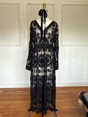 Sheer Black Lace Maxi Dress with V-Neck
